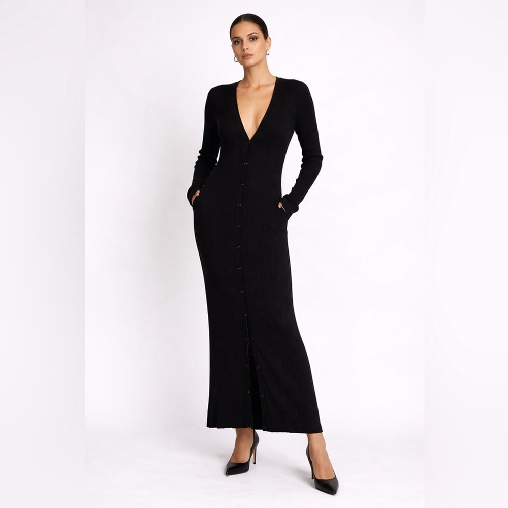 Planet Ribbed Knit Maxi Cardigan Dress Black